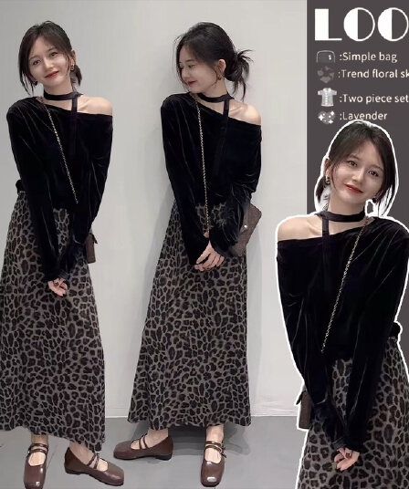빅 사이즈 가을 고급 센스 행침 목 비스듬한 어깨 긴팔 벨벳 맨위 레오파드 무늬 반신 롱 스커트 착용 가져 가라. 세트