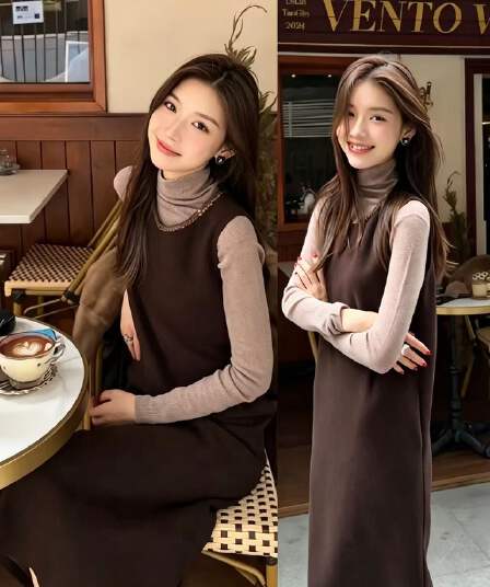 실사 빅 사이즈 착용 가져 가라. 패션 빛 럭셔리 라운드 넥 조끼 롱 스커트 슬림해 보이는 민소매 모직 점프 슈트 치마 세트