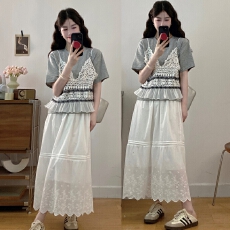 批发实拍 2026新款孕妇装夏装 蕾丝拼接假两件上衣半身裙套装