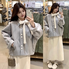 批发实拍现现 2025新款冬装蝴蝶结孕妇装毛呢上衣外套 毛呢半身裙套装