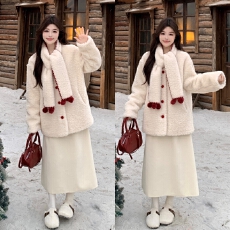 实拍现 2025新款冬装孕妇装 夹棉仿皮草毛绒外套+托腹半身裙套装