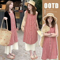 批发现 2026新款孕妇装 春夏装 假两件格子背心裙+开衫两件套