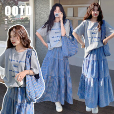 批发现 2026新款孕妇装 <b class='q'>夏</b>装 灰色绣花短袖T恤上衣+蓝格半身裙套装