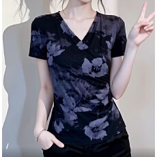批发时尚简约V领网纱印花<b class='q'>短袖</b><b class='q'>T</b><b class='q'>恤</b>女夏季新款修身柔软亲肤百搭减龄上衣