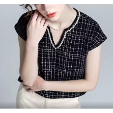 批发2026新款夏季法式时尚轻熟格子短袖V领<b class='q'>T</b><b class='q'>恤</b>女宽松显瘦气质<b class='q'>百搭</b>上衣