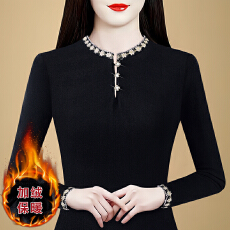 批发实拍热卖针织打底衫长袖绣花秋冬新款纯色加绒加厚时尚洋气<b class='q'>妈妈装</b>