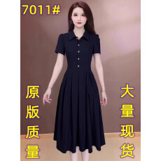 批发夏季新款显瘦气质时尚藏蓝色法式小众收腰修身显瘦短袖减龄<b class='q'>连衣裙</b>