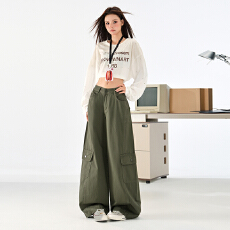 批发军绿色美式工装休闲裤女2025年<b class='q'>秋</b>季新款高腰宽松显瘦弯刀阔腿裤子