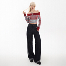 批发爱伊恋3011#爆款不褪色拼接阔腿裤高腰阔腿牛仔女宽松显瘦拖地裤