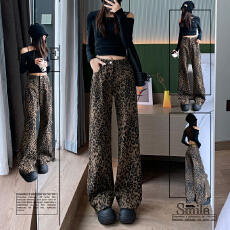 批发秋冬美式潮流复古豹纹休闲裤女时尚设计百搭高腰显瘦宽松阔腿长裤