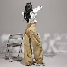 批发5744设计感美式卡其色辣妹弯刀<b class='q'>裤</b><b class='q'>百搭</b>显瘦多口袋阔腿工<b class='q'>装</b>休闲<b class='q'>裤</b>