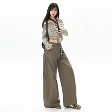 批发美式复古工装裤女新款秋季高腰显瘦宽松百搭阔腿弯刀<b class='q'>休闲</b>裤子