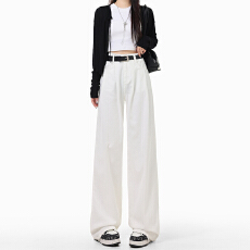 批发白色牛仔<b class='q'>裤</b>女高腰显瘦2026春<b class='q'>夏季</b>褶皱设计垂感阔腿直筒拖地长<b class='q'>裤</b>