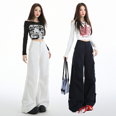 批发宝蓝色<b class='q'>白色</b>工装<b class='q'>牛仔裤</b>女2026年春夏高腰宽松设计感可收脚口阔腿裤