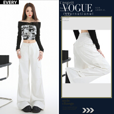 批发宝蓝色白色工<b class='q'>装</b>牛仔裤女2026年春夏高腰宽松设计感可收脚口阔腿裤