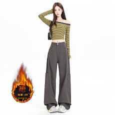 批发6928厚绒工装裤女款春秋高腰宽松直筒垂感<b class='q'>休闲</b>运动阔腿卫裤