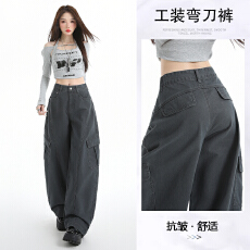 批发美式复古军绿色弯刀工装裤女秋2026新款多口袋宽松显瘦阔腿<b class='q'>休闲裤</b>