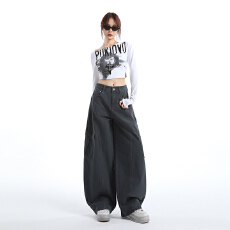 批发美式高街多口袋弯刀工装裤男女设计宽松褶皱休闲水洗长裤