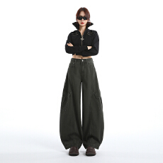 批发美式高街多口袋弯刀工装裤男<b class='q'>女</b>设计宽松褶皱休闲水洗<b class='q'>长裤</b>