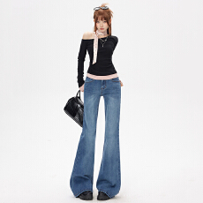 批发《高品质》复古蓝<b class='q'>牛仔裤</b>女2026春季低腰弹力显瘦显高竹节喇叭裤