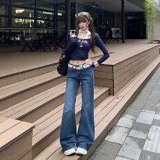 批发《高品质》复古蓝<b class='q'>牛仔裤</b>女2026春季低腰弹力<b class='q'>显瘦</b>显高竹节喇叭裤