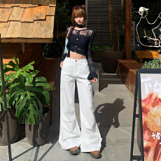 批发高品质白色宝蓝牛仔裤女2026<b class='q'>春</b>季高腰宽松垂感休闲工装阔腿裤