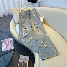 批发《高品质》“赚”满烫钻重工牛仔<b class='q'>裤</b>女破洞街头显瘦宽松垂感阔腿<b class='q'>裤</b>