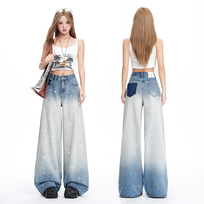 높은 품질 ykk 핫픽스 디자인 반짝임 봄 가을 새로운 아메리칸 그라데이션 하이웨이스트 넓은 다리 청바지 여성 슬림해 보이는