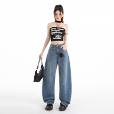 批发高品质牛仔裤春季森调高腰涂鸦无弹蓝色阔腿弯刀裤长裤加长