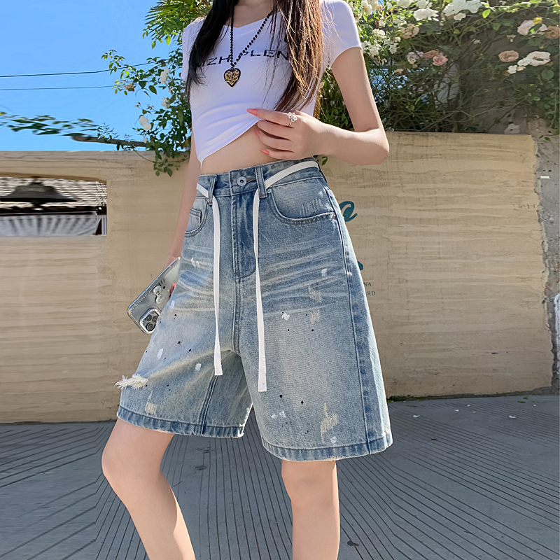 높은 품질 워싱 하늘색 찢어진 부분 데님 바지 여성 여름 새로운 한국 스타일 루즈핏 품격 백 코디 허리 로프