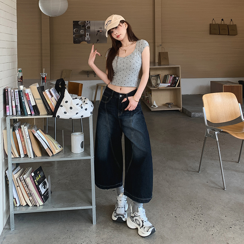 밝은색 7 점 아메리칸 레트로 블루 회색 루즈핏 모통이 칼 청바지 여성 여름 높음 거리 7부 바지 트렌디