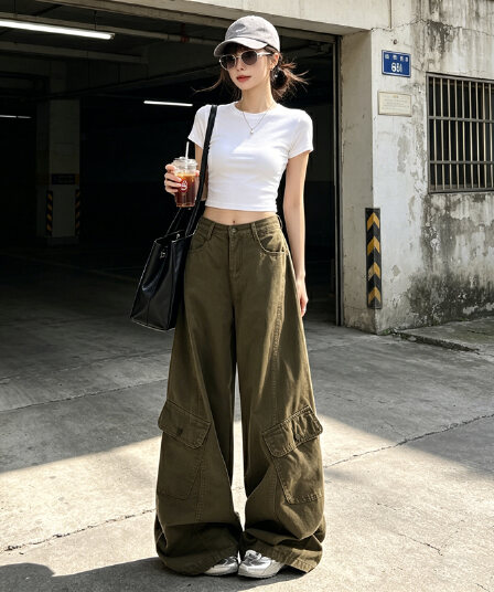 아메리칸 워크웨어 넓은 다리 청바지 여성 여름 하이웨이스트 루즈핏 기타 주머니 레트로 군용 녹색 카키 도루 센스 바닥 청소 바지