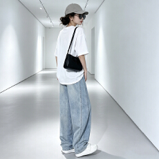 批发分割线阔腿牛仔裤女高腰垂感宽松显瘦美式复古直筒慵懒拖地<b class='q'>休闲裤</b>