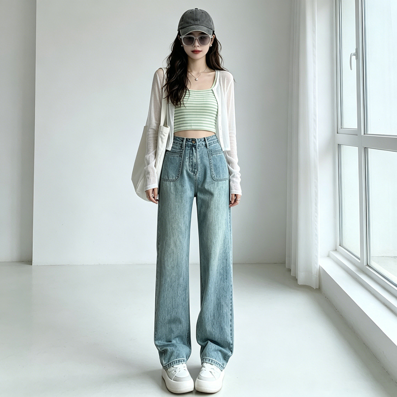 女装牛仔阔腿裤女美式怀旧蓝高腰大口袋透气直筒休闲裤   服裝批發女裝批發服飾貨源