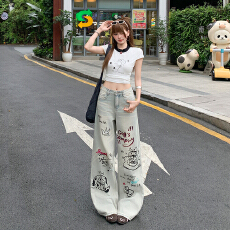批发卡通涂鸦小狗印花牛仔裤女2026年<b class='q'>春</b>夏新款宽松阔腿拖地裤
