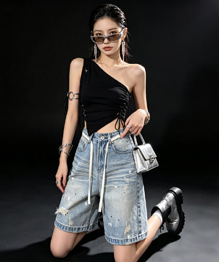 아메리칸 조수 브랜드 넓은 다리 5 점 데님 바지 여성 워싱 통기성 하이웨이스트 펌프 로프 찢어진 부분 슬림해 보이는 스트레이트 반바지