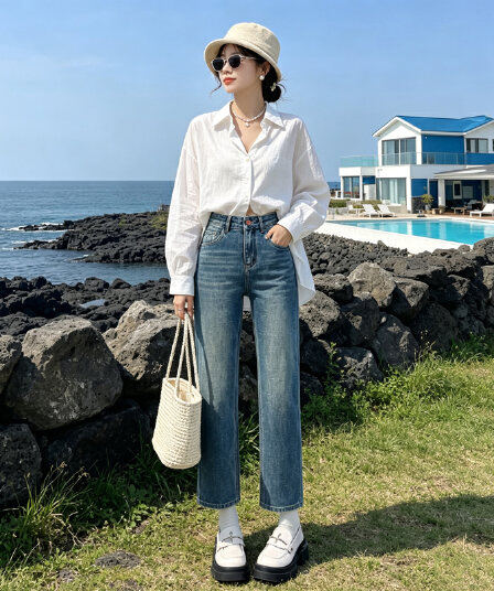 여성 의류 데님 스트레이트 9부 바지 레트로 워싱 통기성 하이웨이스트 슬림해 보이는 작은 키 다용도 청바지