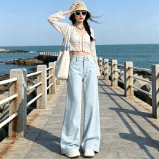批发女装<b class='q'>牛仔</b>阔腿裤浅蓝撞色双扣高腰垂感宽松直筒拖地<b class='q'>牛仔</b>裤