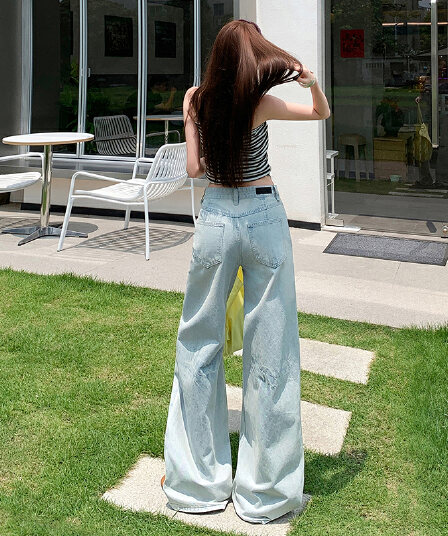아메리칸 레트로 워싱 마 오래된 고양이 반드시 압력 주름 루즈핏 넓은 다리 스트레이트 도루 센스 데님 긴 바지 여성