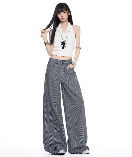 아메리칸 레트로 스트라이프 원단 루즈핏 스트레이트 넓은 다리 청바지 여성 스트라이프 블루 긴 바지 길이 연장 수정