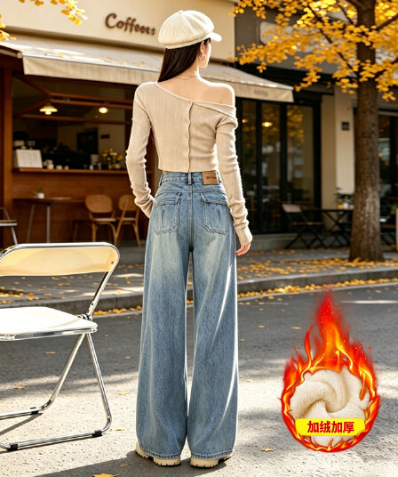 아메리칸 레트로 넓은 다리 청바지 여성 가을 겨울 털이 있는 하이웨이스트 도루 센스 바닥 청소 바지 루즈핏 슬림해 보이는 보온 청바지