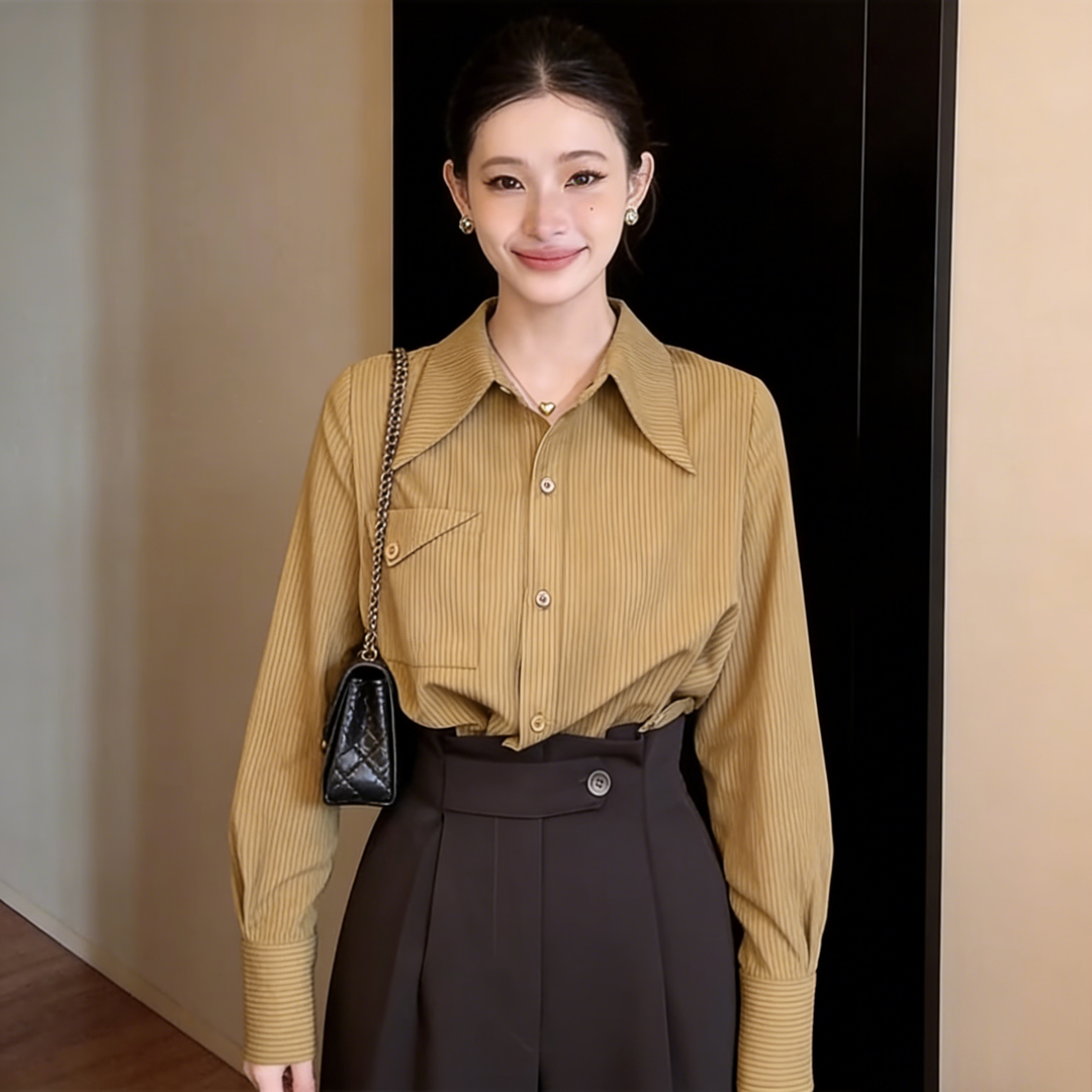 실사 프랑스식 스트라이프 긴팔 셔츠 맨위 여성 2026 년 새로운 봄 품격 출퇴근 루즈핏 셔츠
