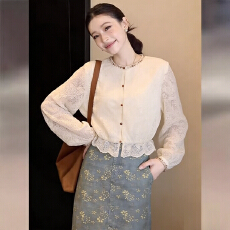 批发实拍  韩式气质设计感蕾丝短款<b class='q'>衬衫</b>女2026春通勤长袖百搭上衣