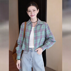 批发实拍  韩式新款格纹长袖短款长袖<b class='q'>衬衫</b>女2026春通勤百搭上衣