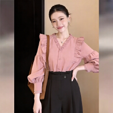 批发实拍  法式复古气质别致木耳边设计感长袖衬衫2026春<b class='q'>户外</b>百搭上衣