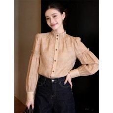 批发实拍 韩式复古暗纹印花设计感气质小众长袖<b class='q'>衬衫</b>2026春夏宽松上衣