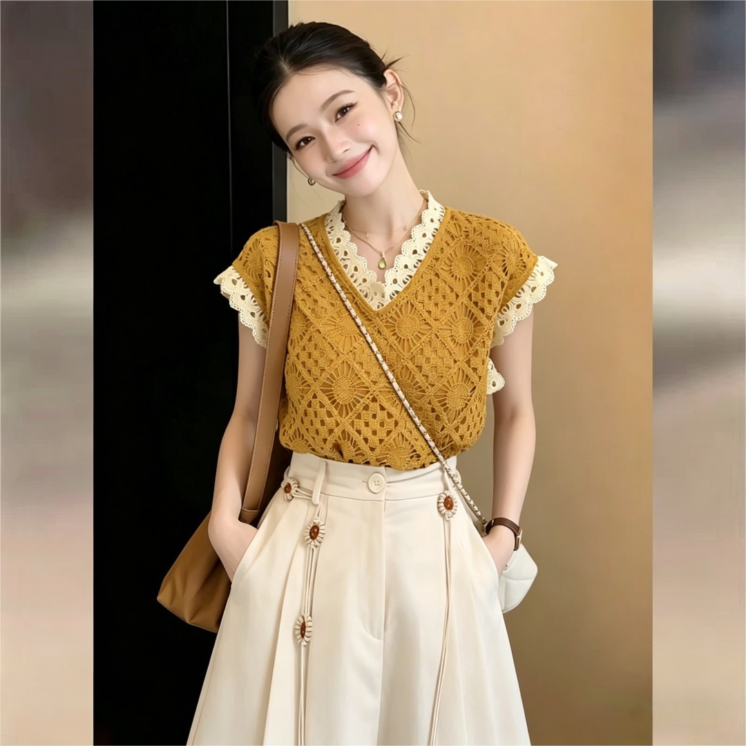 실사 프랑스식 레트로 홀로우 아웃 레이스 셔츠 V넥 슬림해 보이는 티셔츠 섹션 셔츠 2026 여름 루즈핏 체크무늬 맨위