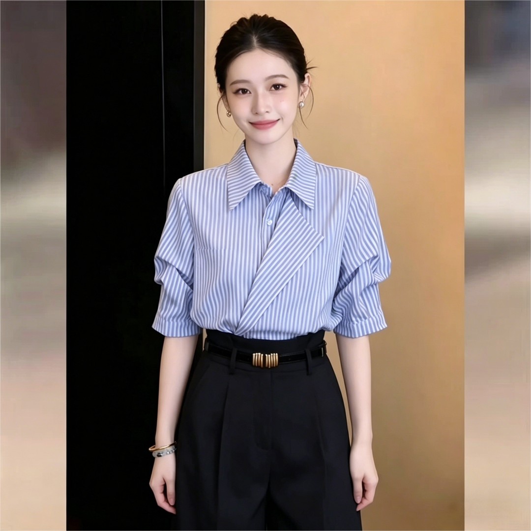 실사 한 스타일 품격 얇은 스타일 빅 칼라 스트라이프 반팔 여성 셔츠 2026 여름 출퇴근 다용도 맨위