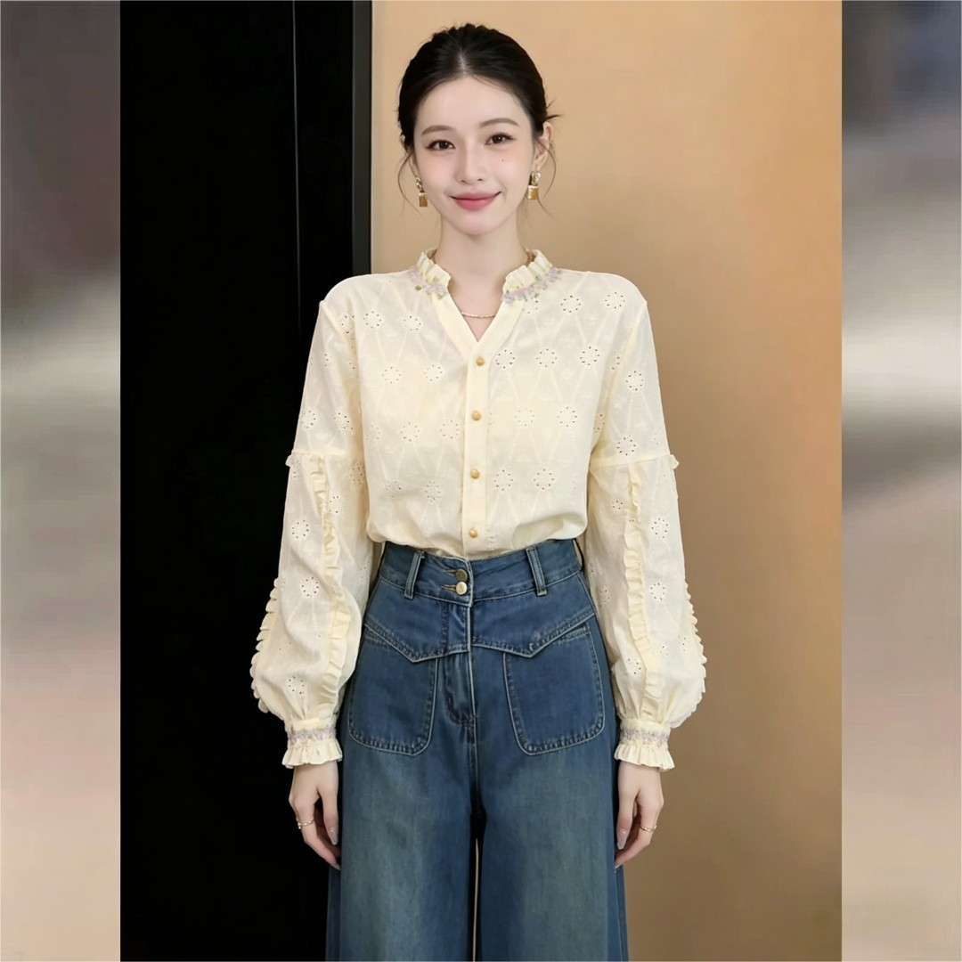 실사 프랑스식 레트로 홀로우 아웃 자카드 긴팔 셔츠 여성 2026 봄 가을 슬림해 보이는 출퇴근 다용도 맨위