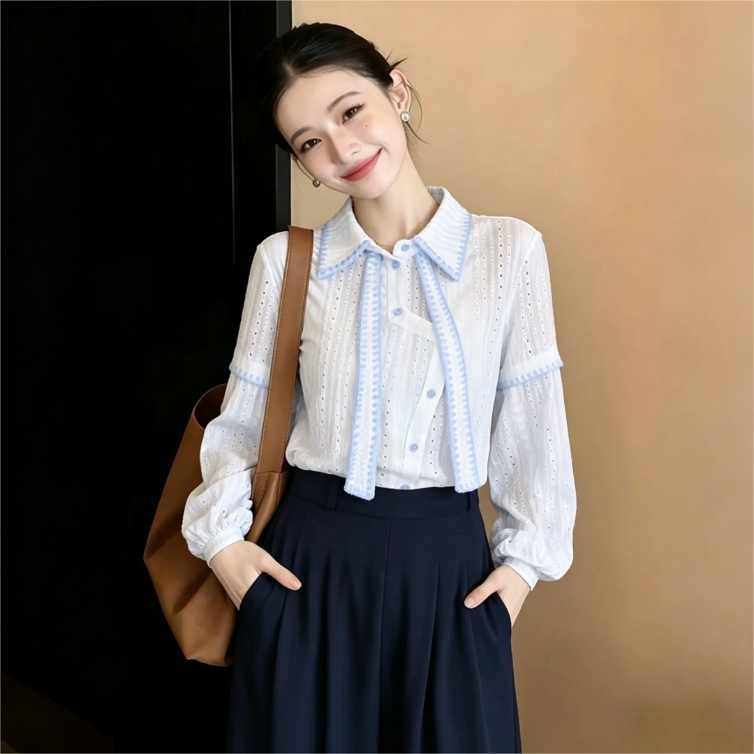 실사 프랑스식 리본 패치워크 자수 긴팔 여성 셔츠 2020 봄 가을 작은 대중 다용도 맨위 여성